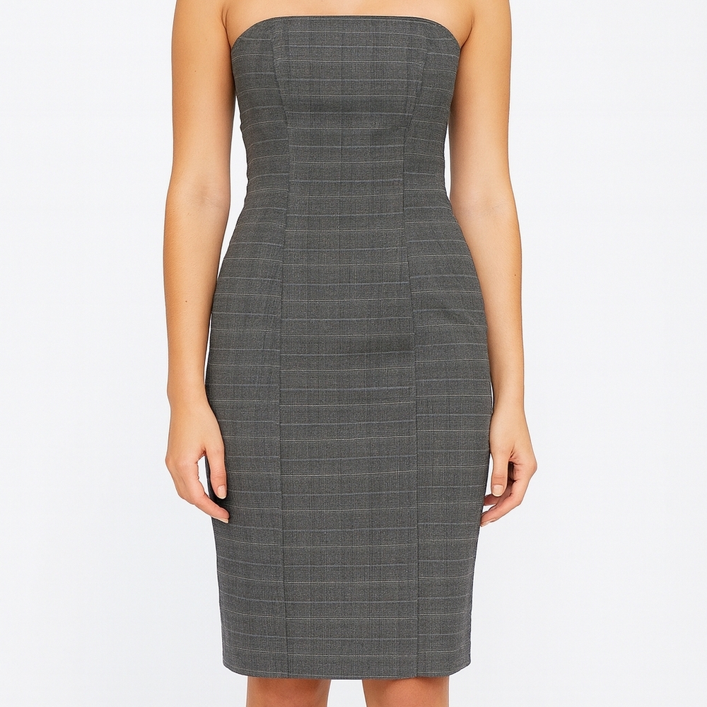 White House Black Market Strapless Gray Plaid Sheath Sz 6 Knee length dress
